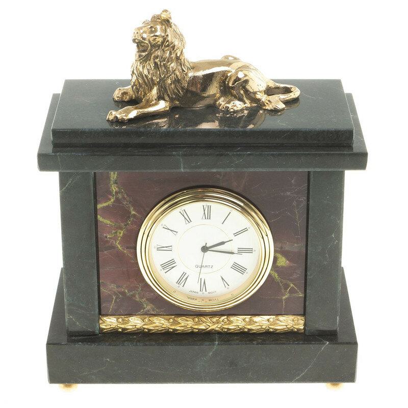 Уральский сувенир Настольные часы "Лев" из бронзы и яшмы (16 х 13 х 7 см)