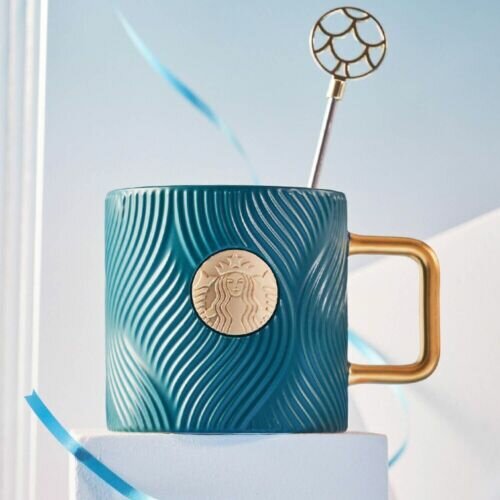 Коллекционная кружка Starbucks blue and green series striped nameplate mug with stirring stick
