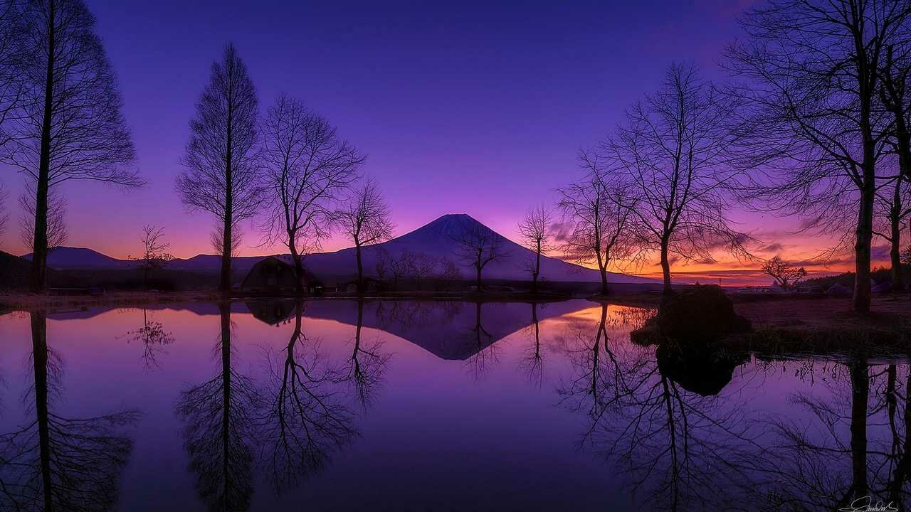 Картина на холсте 60x110 Альянс Лес "Япония гора отражение Фудзи небо" на подрамнике / интерьер/ декор