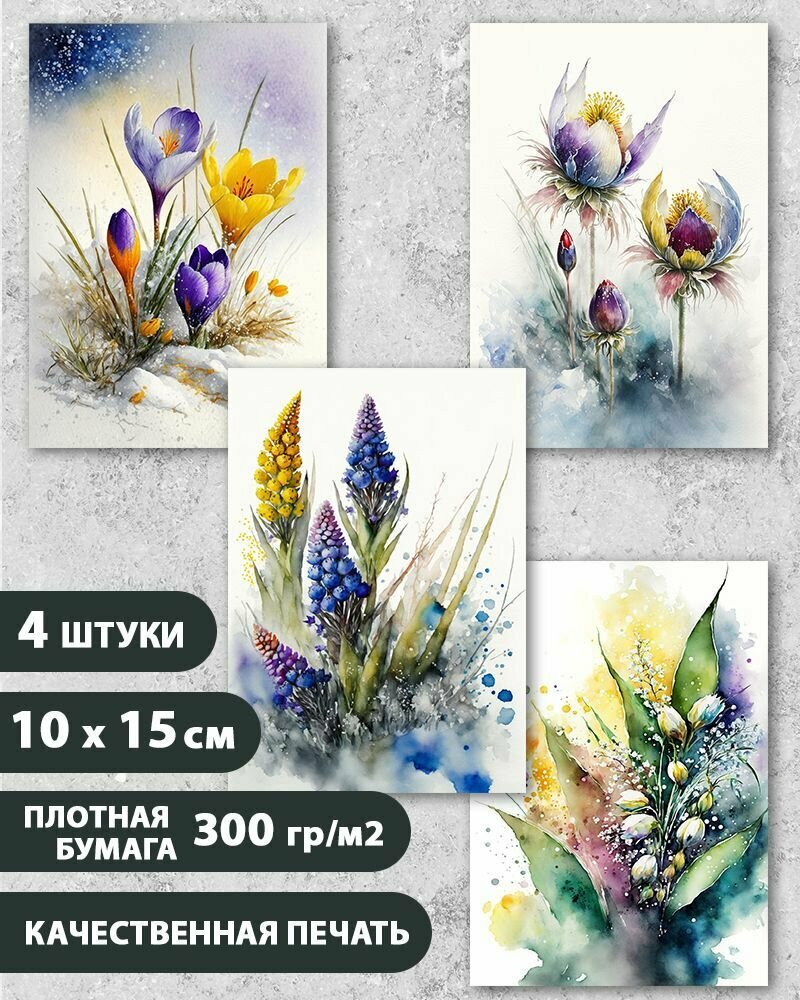 Набор открыток Акварельные Весенние Цветы Подснежники 2, 10.5 см х 15 см, 4 шт, InspirationTime, на подарок и в коллекцию