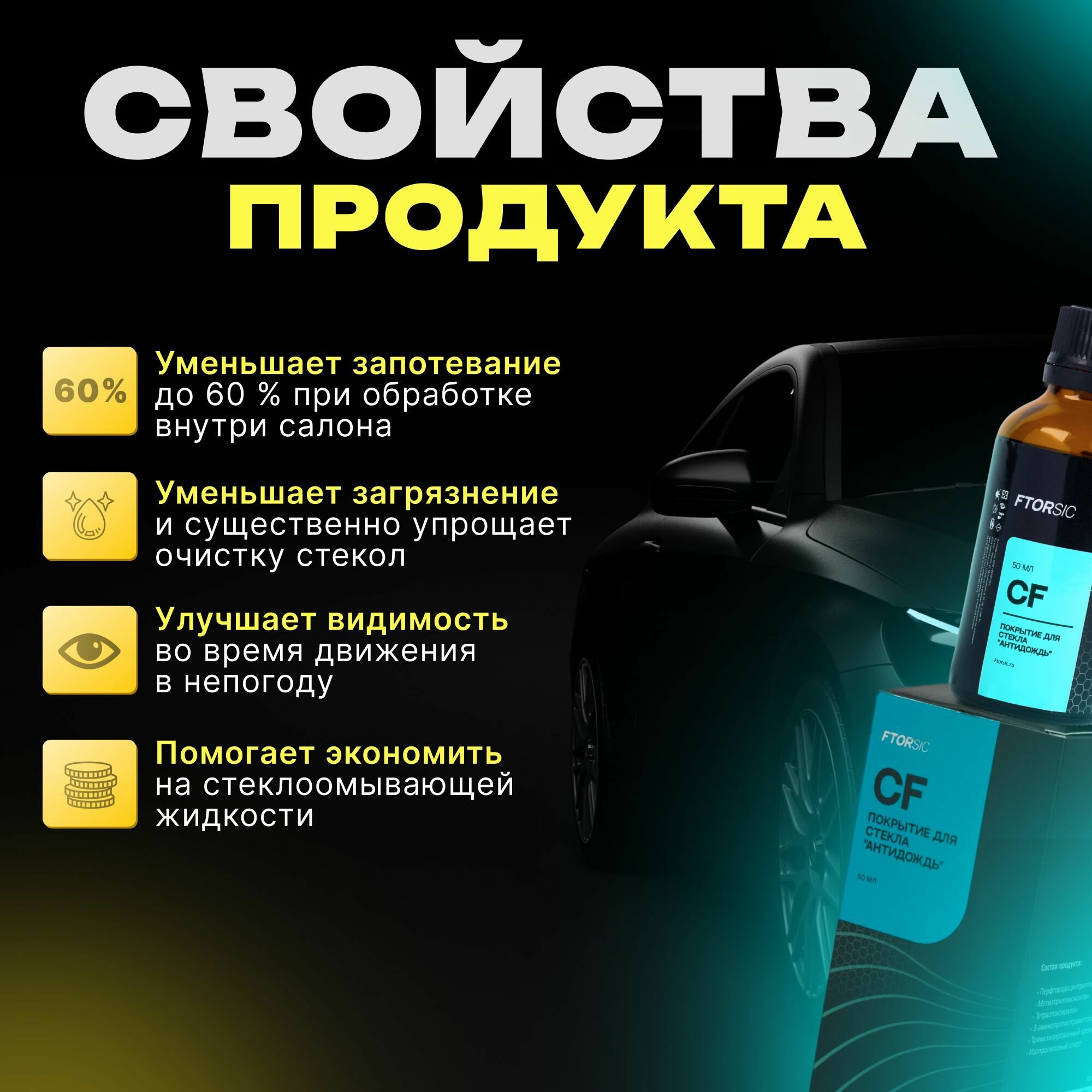 Антидождь "FTORSiC CF" защитное водоотталкивающее нанопокрытие стёкол и зеркал автомобиля длительного действия. Антиснег, антигрязь- 50 мл фторсик — фото 15