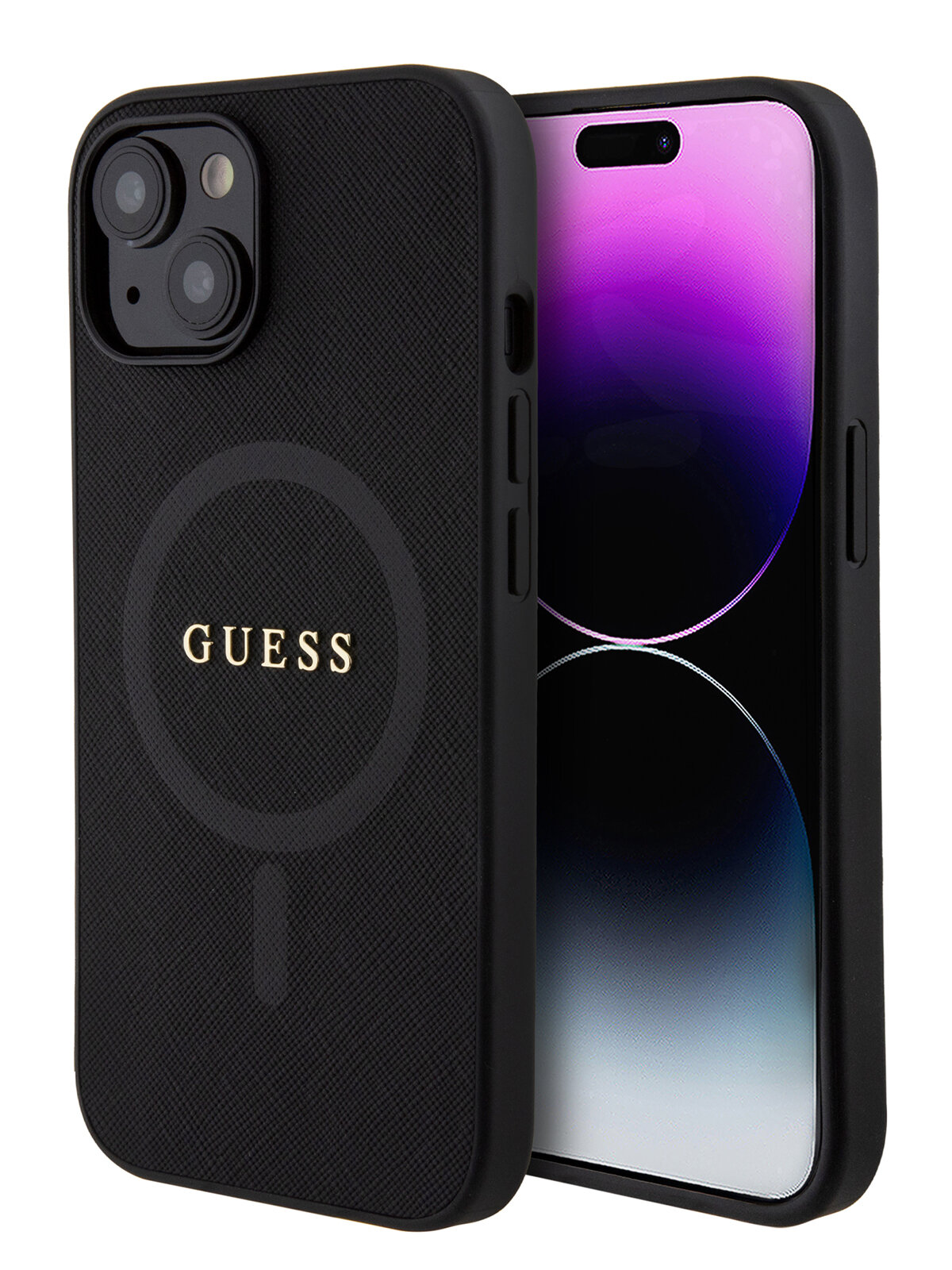 Guess для iPhone 15 чехол PU Saffiano with metal logo Hard Black (MagSafe)