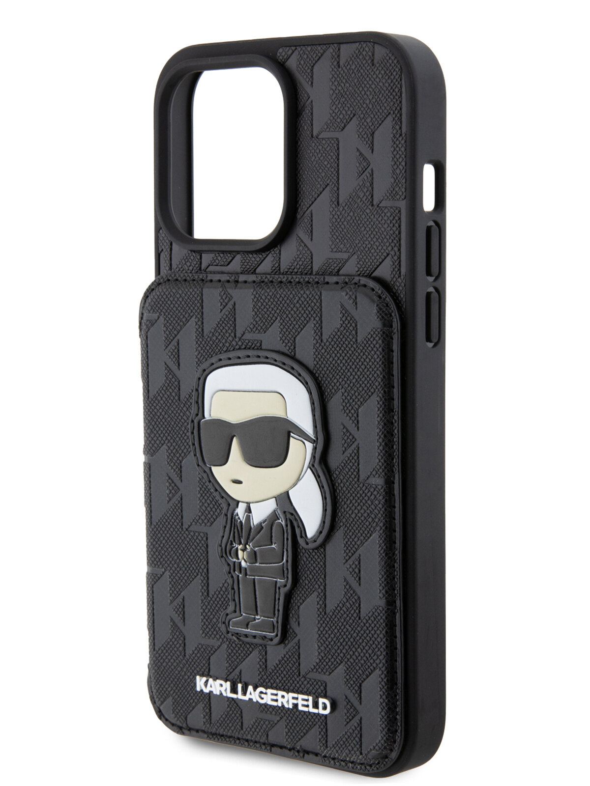 Lagerfeld для iPhone 15 Pro Max чехол Cardslot Stand PU Saffiano Monogram NFT Karl Ikonik Hard Black