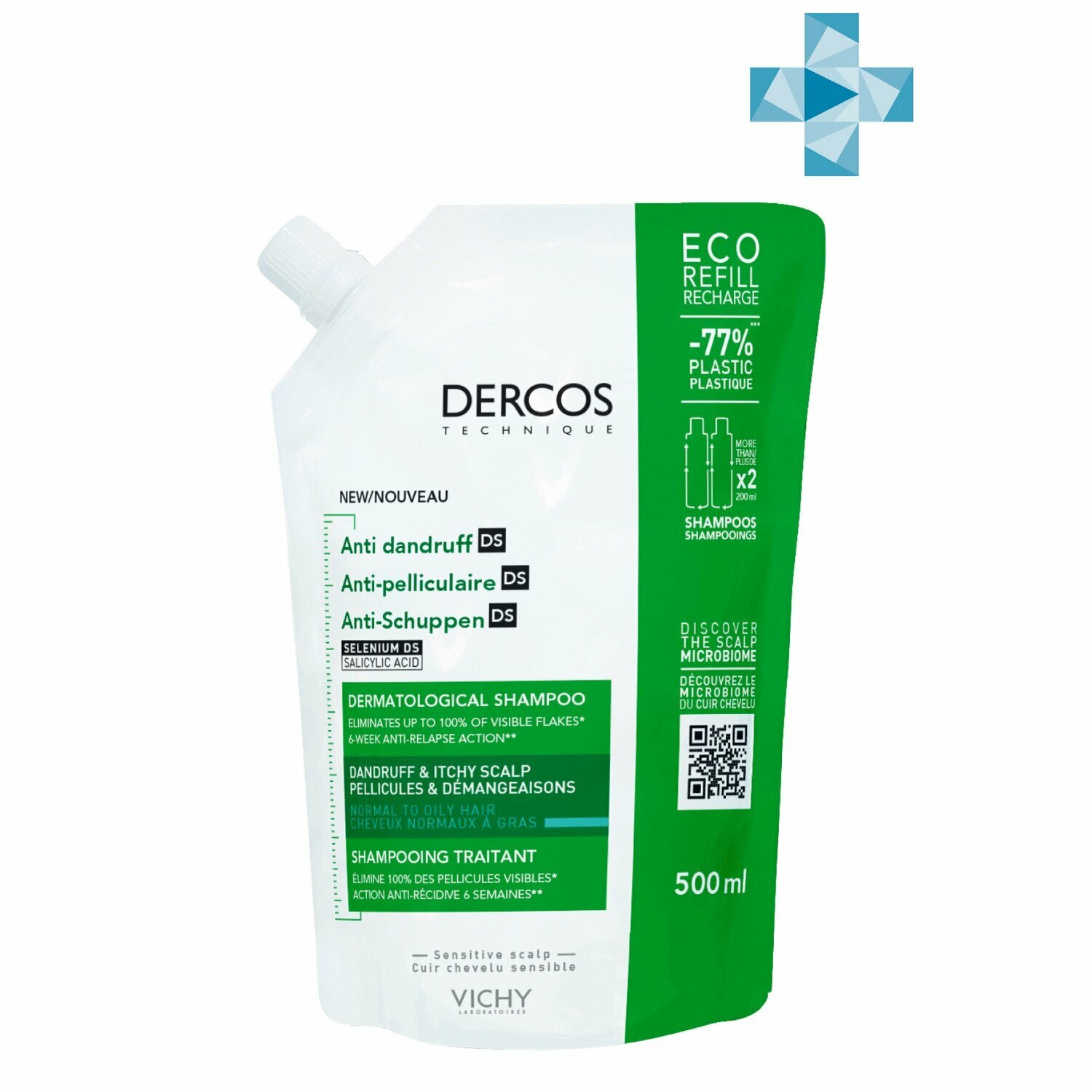 фото VICHY Интенсивный шампунь-уход "Против перхоти" для нормальной и жирной кожи головы, сменный блок, 500 мл