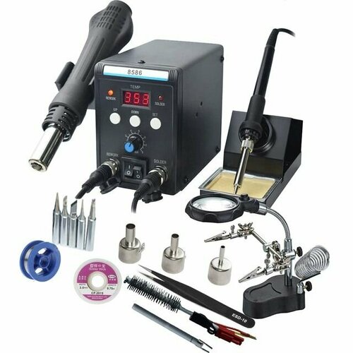 Паяльная станция термофен фен 8586 220В с феном 700Вт и паяльником 60Вт с регулировкой инструментами сменными насадками для SMD компонентов У 667700₽