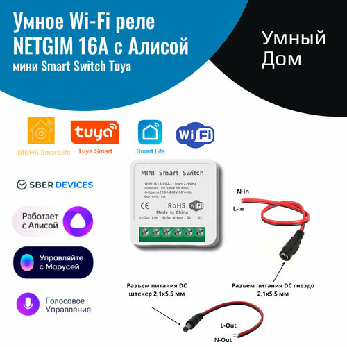 Умное реле с Алисой Яндекс NETGIM Tuya WiFi с разъемом (5.5×2.1mm) под блок питания 12V