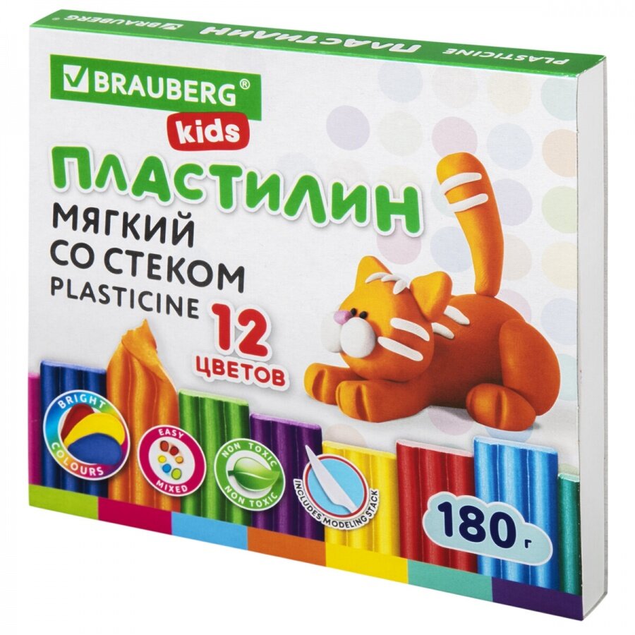 Пластилин восковой 12 цветов Brauberg Kids, 180г, со стеком, 6 уп. (106495)