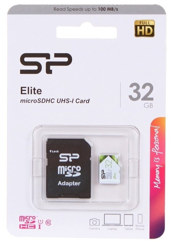 Карта памяти Silicon Power microSDHC 32 ГБ Class 10, UHS-I, R/W 25/14 МБ/с, адаптер на SD, черный