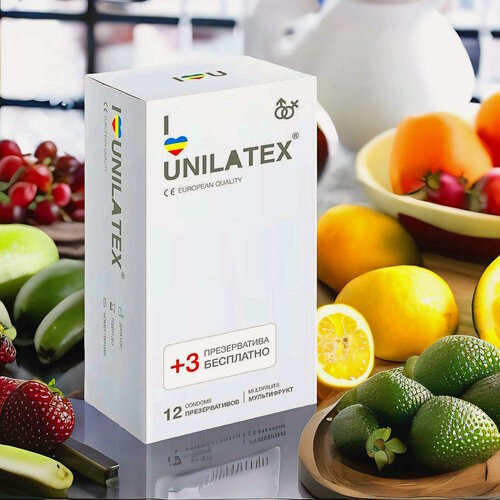 Изображение товара Презервативы мультифруктовые Unilatex Multifruits, 12 + 3 шт в подарок, вкусные презики, чтобы не залететь и не подхватить хламидии