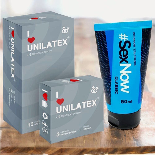 Изображение товара Презервативы ребристые Unilatex Ribbed 12+3 шт, для массажа простаты + гель лубрикант для секса SexNow Classic 50 мл