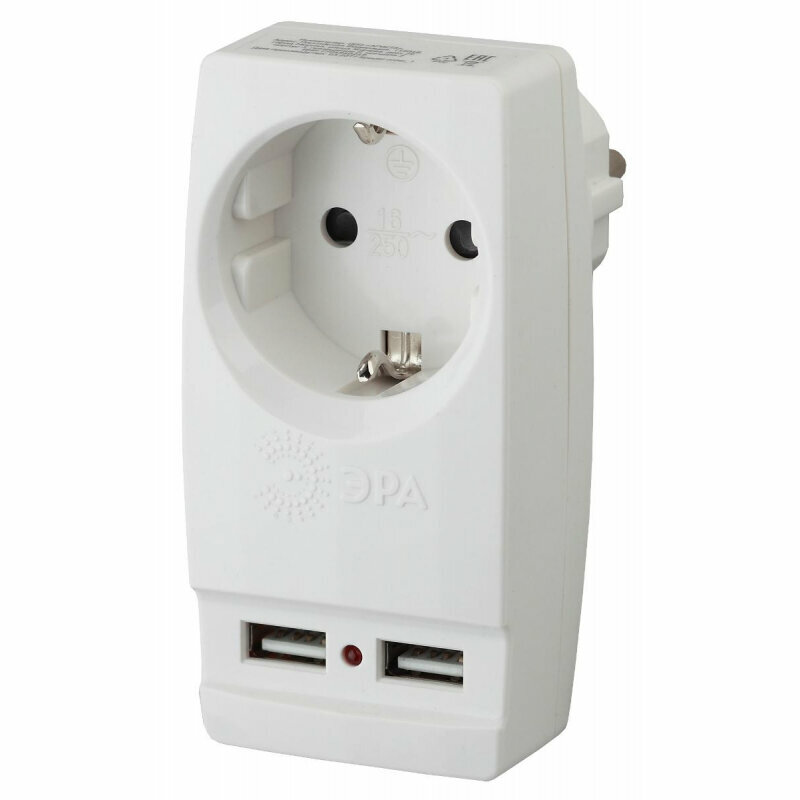Тройник ЭРА 1 розетка 2 USB белый (SP-1e-USB-W) 1329375