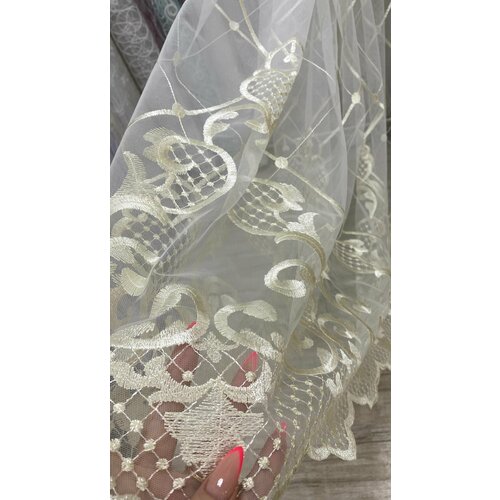 Тюль сеточка с вышивкой, Айвори, 6м