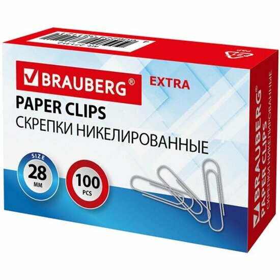 Скрепки Brauberg EXTRA 28 мм никелированные 100 штук 271312