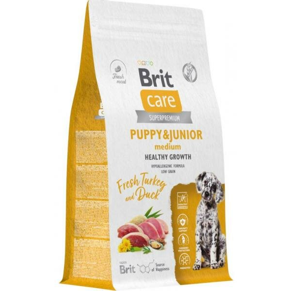 Brit Сухой корм Care Dog Puppy&Junior M Healthy Growth для щенков средних пород с индейкой и уткой, 3кг