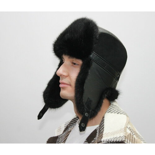 фото Шапка ушанка ушанка меховая кожаная с добавлением замши, размер 57, черный мария