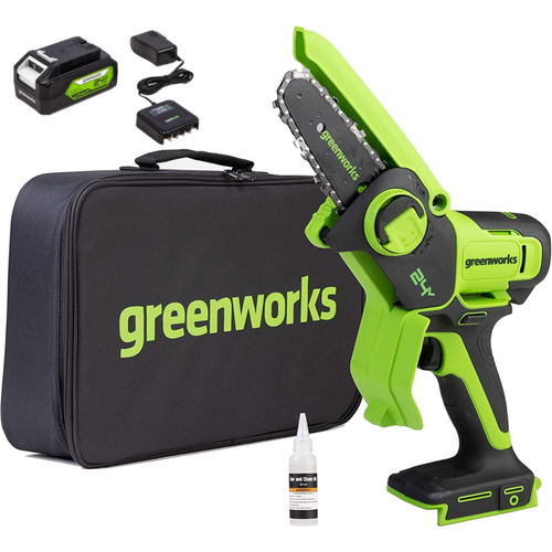 Цепная мини пила аккумуляторная Greenworks G24MCS10, 24V, 10см, c 1хАКБ 2Ач и ЗУ аккумуляторная пила greenworks gd40cs15 шина 14 1500 вт 40 в зеленый