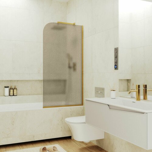 Стеклянная шторка на ванну 1400Х340, узкий профиль золото матовое, стекло бронза матовая