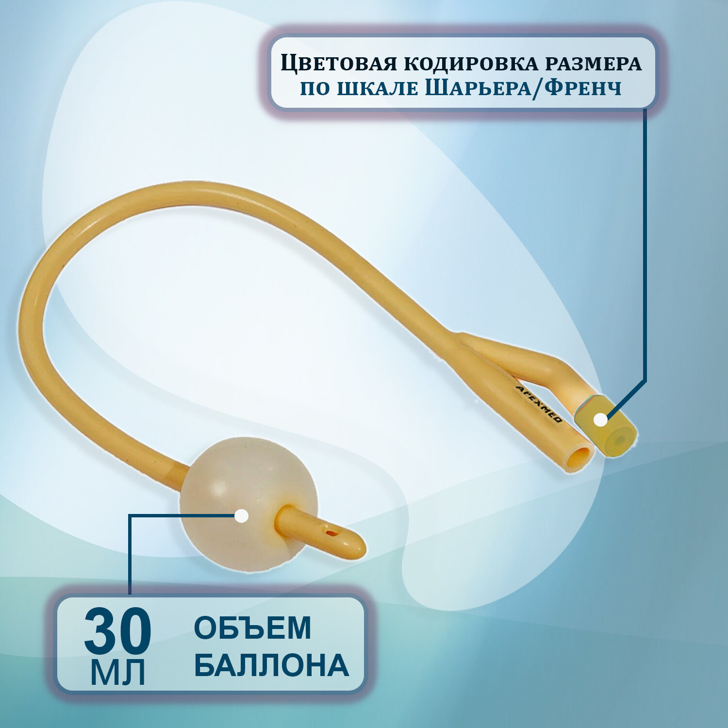 Изображение Катетер Фолея урологический латексный CH20 Apexmed, баллон 30мл, 2 штуки