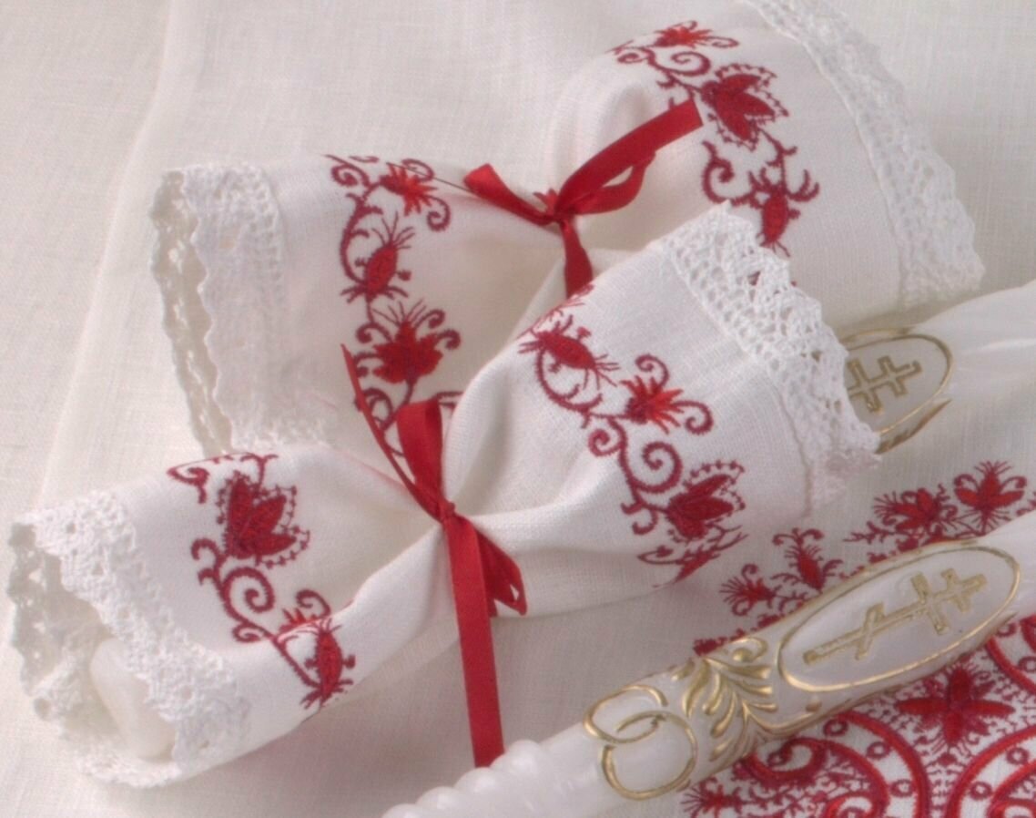 Салфетки для венчальных свечей, лён, вышивка