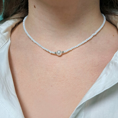 фото Чокер ожерелье из бисера / шпинели с жемчужиной, женский, белый, серебряный reniva