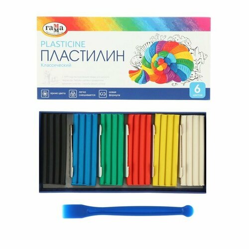 Пластилин 6 цветов 120 г, Классический, со стеком (комплект из 13 шт)