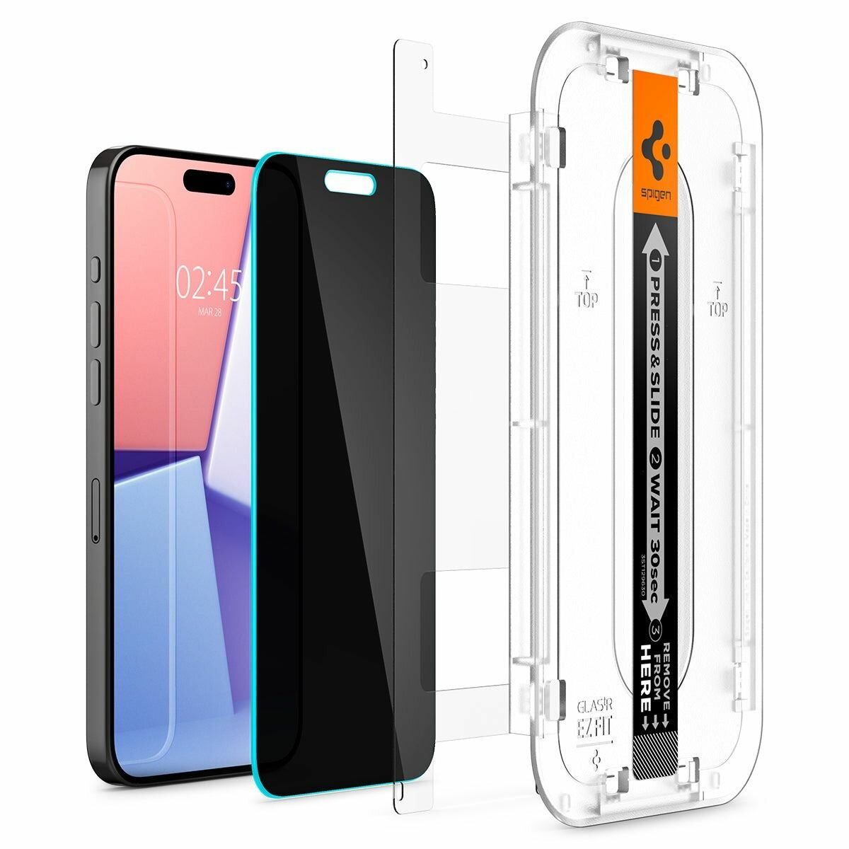 Защитное стекло Spigen на iPhone 15 Pro Max (AGL06874) Glass tR EZ Fit (Privacy) 2 шт / Спиген стекло для Айфон 15 Про Макс, прочное, олеофобное покрытие, антишпион — фото 1