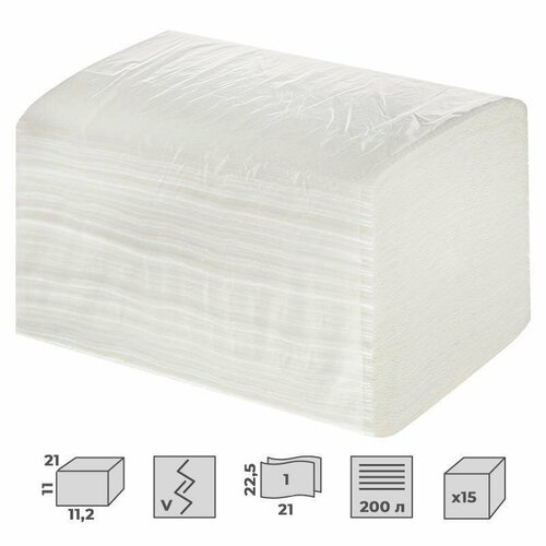 полотенца бумажные teres стандарт белые однослойные v сложения т 0201 20 шт белый Полотенца бумажные для держателя 1-слойные, листовые V(ZZ)-сложения, 15 пачек по 200 листов