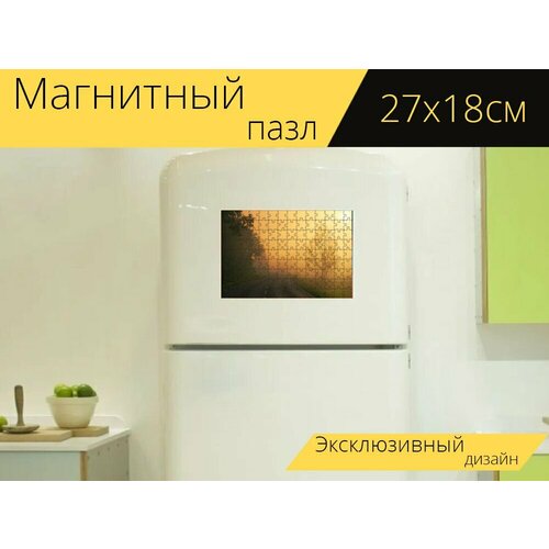 Магнитный пазл Дорога, туман, сельская местность на холодильник 27 x 18 см.