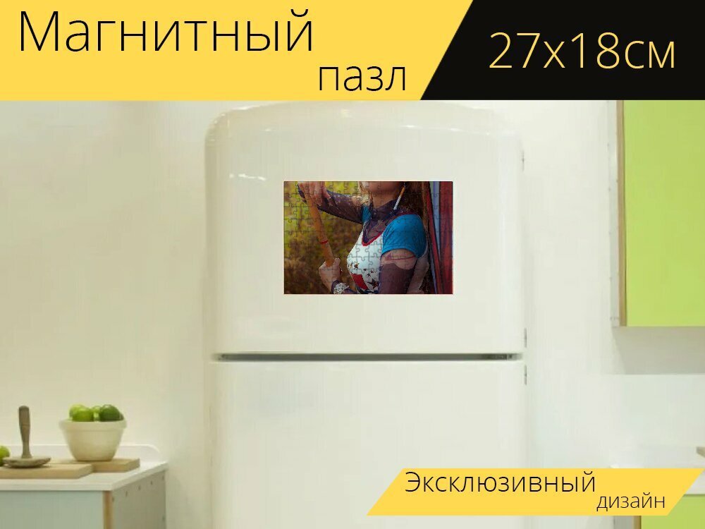Магнитный пазл "Девочка, уличная, мода" на холодильник 27 x 18 см.