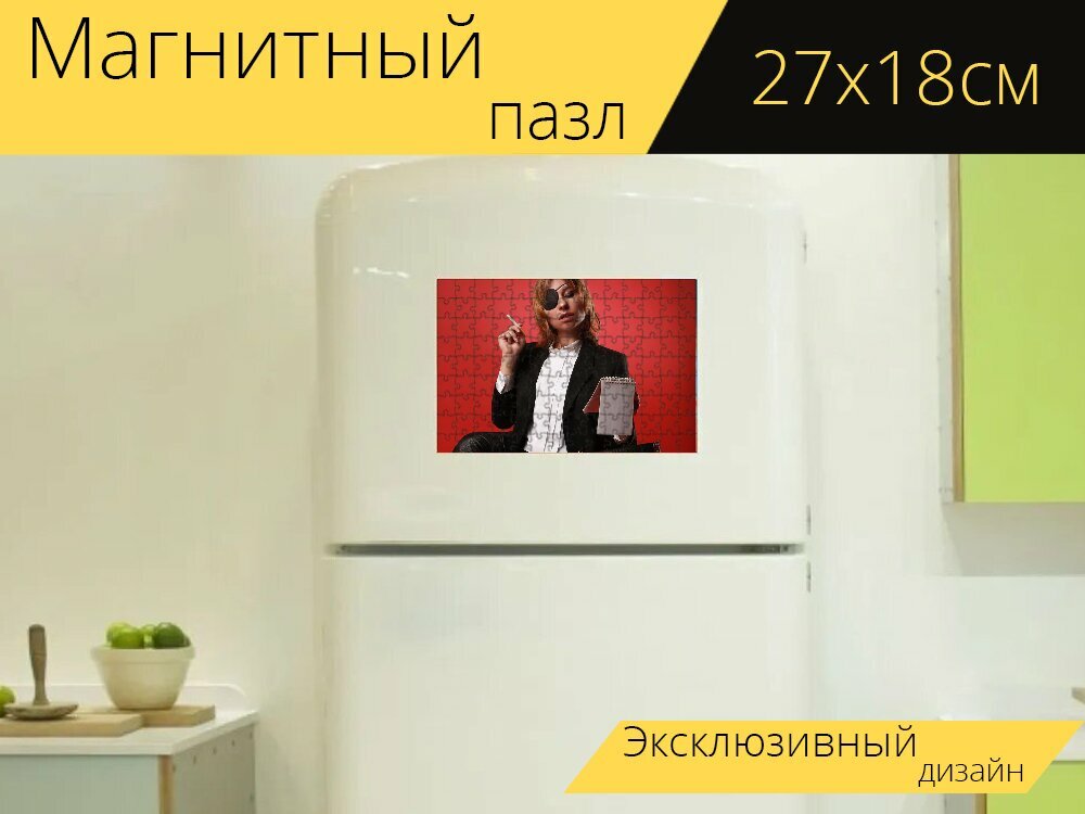 Магнитный пазл "Женщина, косплей, водитель elle" на холодильник 27 x 18 см.