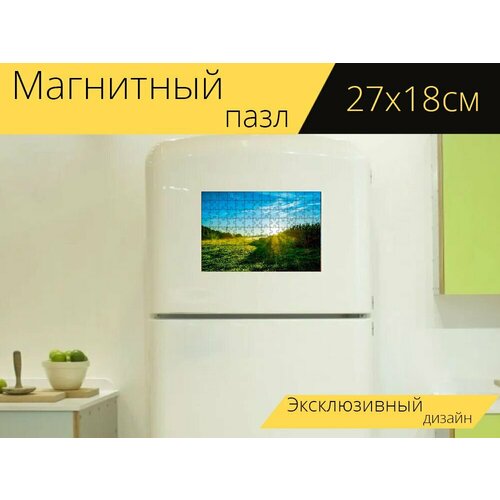 Магнитный пазл Пейзаж, восход солнца, утренний туман на холодильник 27 x 18 см. магнитный пазл ранний туман утренний туман наземный туман на холодильник 27 x 18 см