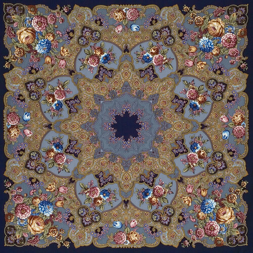 Шаль Павловопосадская платочная мануфактура, 148х148 см, коричневый, синий
