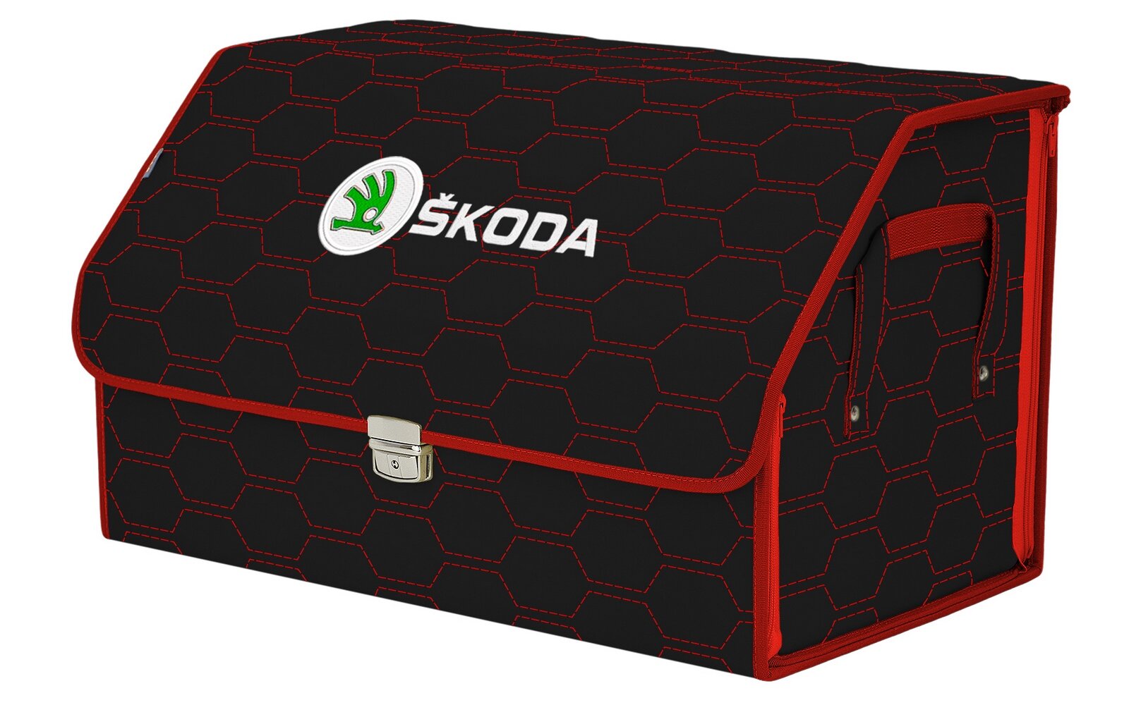 Органайзер-саквояж в багажник "Союз Премиум" (размер XL). Цвет: черный с красной прострочкой Соты и вышивкой Skoda (Шкода).