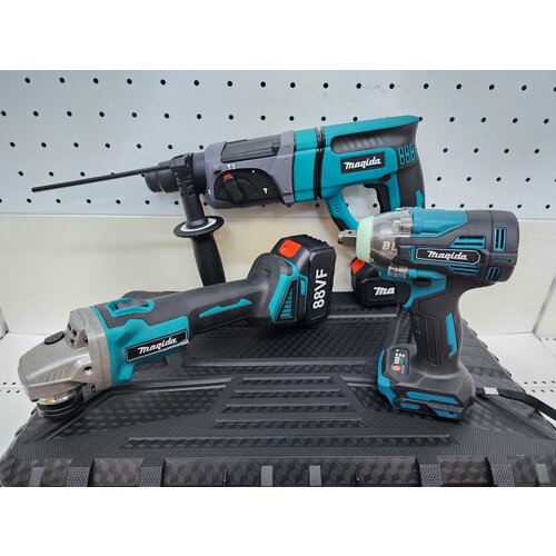 Набор аккумуляторного инструмента Magida 3 в 1 (ушм, гайковерт, перфоратор), кейс, 2 аккумулятора, 4Ач