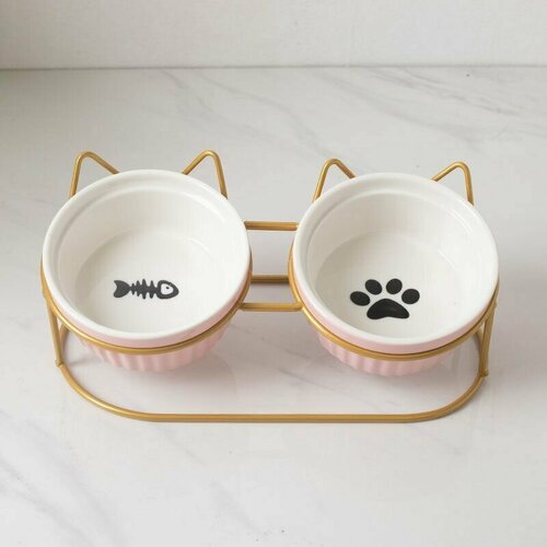 Двойная керамическая миска для кошек на подставке