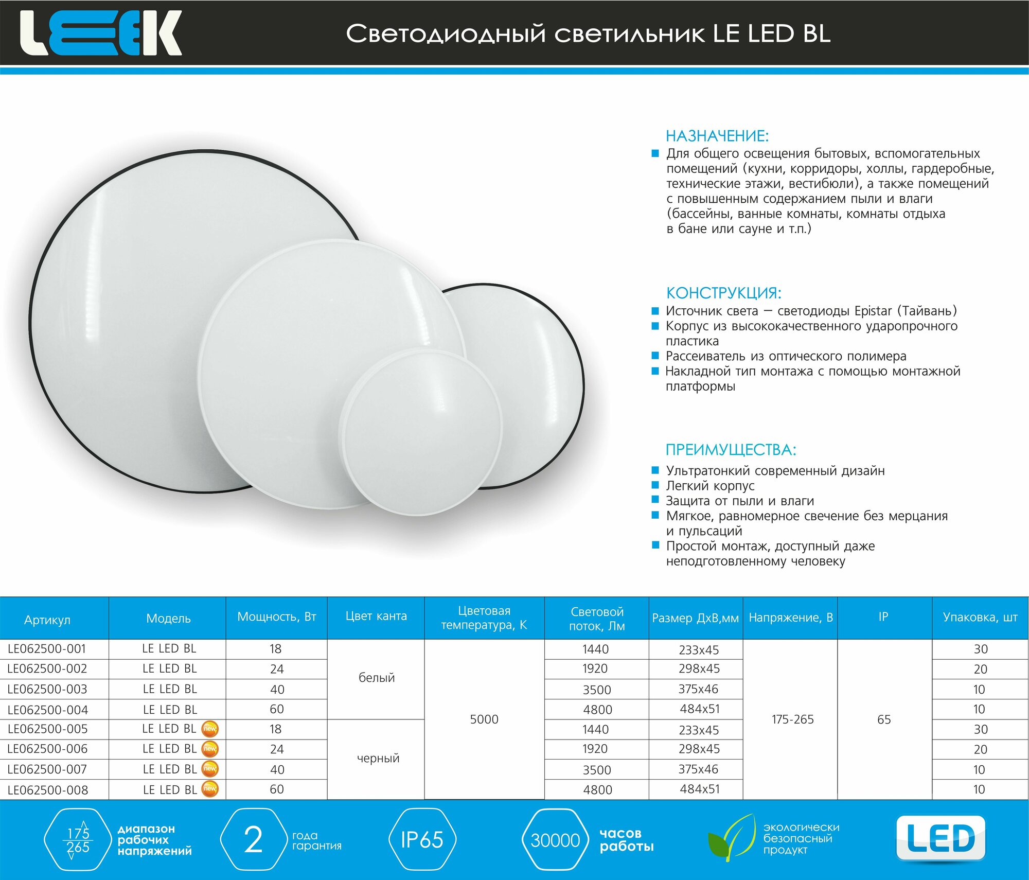 Светильник светодидный LE LED BL IP65 24W 5000K LEEK чёрный край