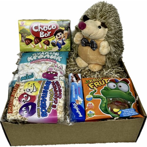 Детский сладкий подарочный набор, сюрприз бокс, для мальчика, для девочки, мягкая игрушка Еж 25 см, сладости, шоколад, мармелад