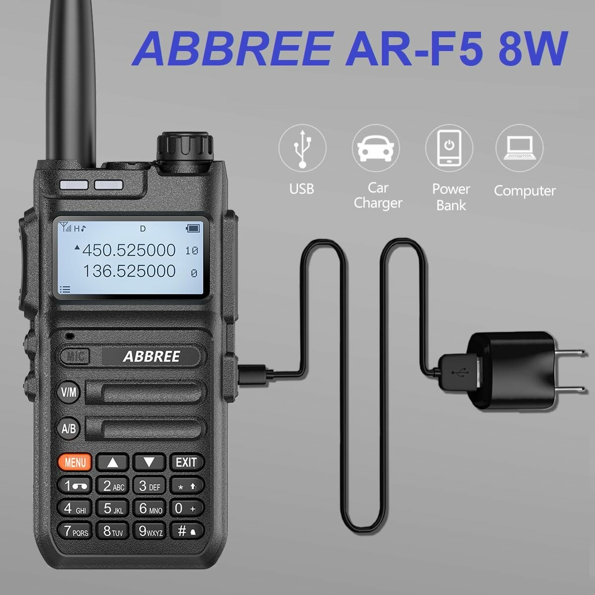 Портативная радиостанция ABBREE AR-F5 8W с функцией захвата частоты / рабочий диапазон 136-520/ (FM-модулем) — фото 6