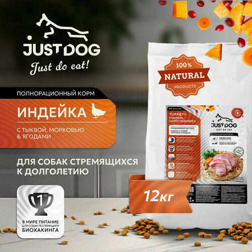 Сухой корм для собак Just Dog, средних и крупных пород, полнорационный, с индейкой и овощами 12 кг