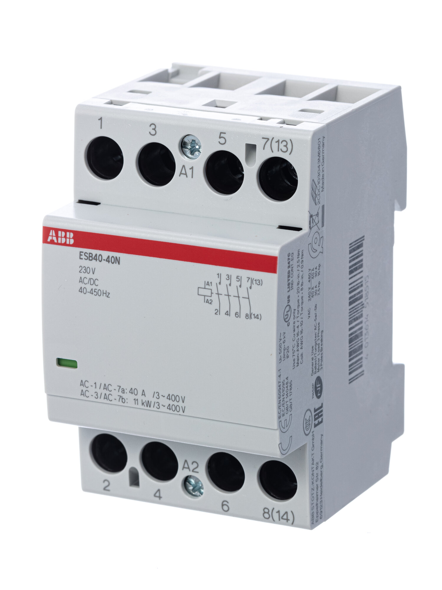 ABB Контактор ESB40-40N-06 модульный (40А АС-1, 4НО), катушка 230В AC/DC 1SAE341111R0640 — фото 1