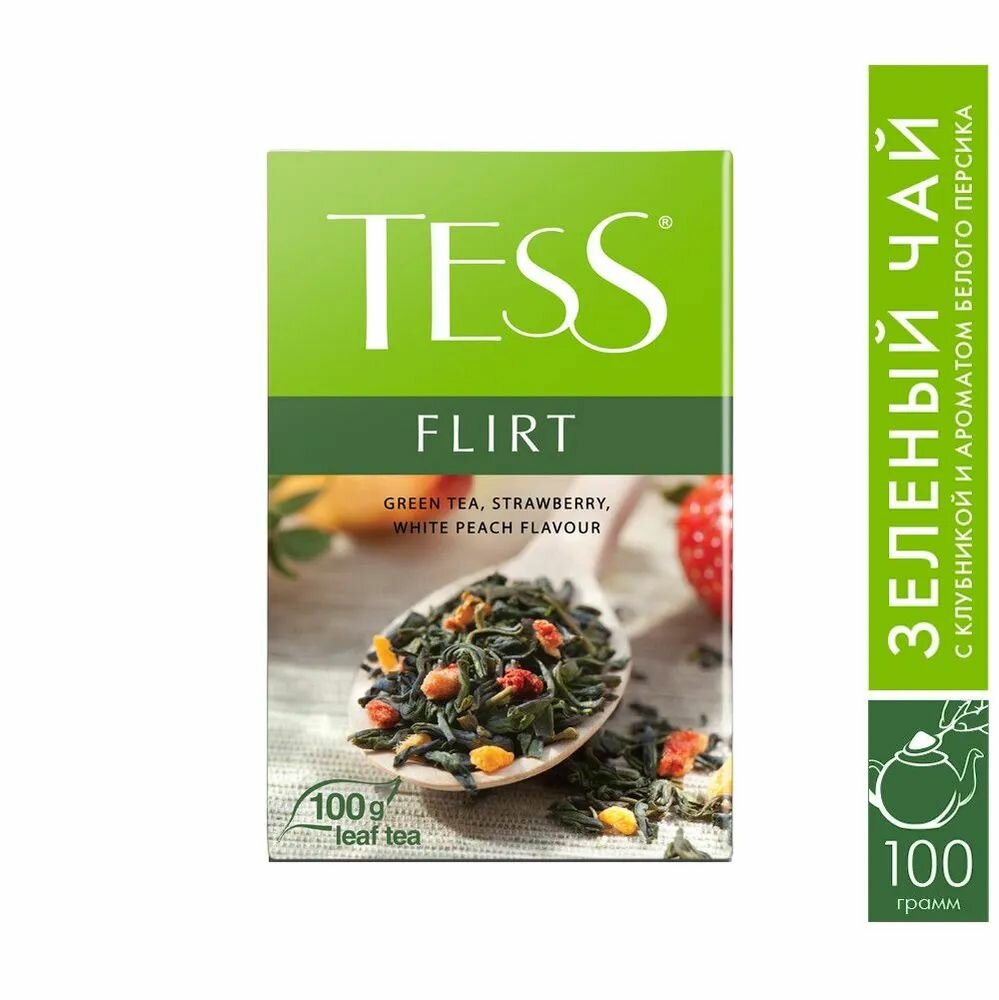 Чай зеленый листовой Tess Flirt с клубникой и ароматом белого персика, 100 гр
