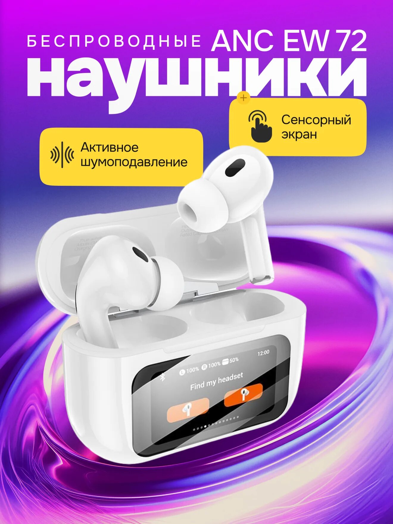 Наушники беспроводные Hoco EW72 ANC с шумоподавлением, сенсорным дисплеем на кейсе