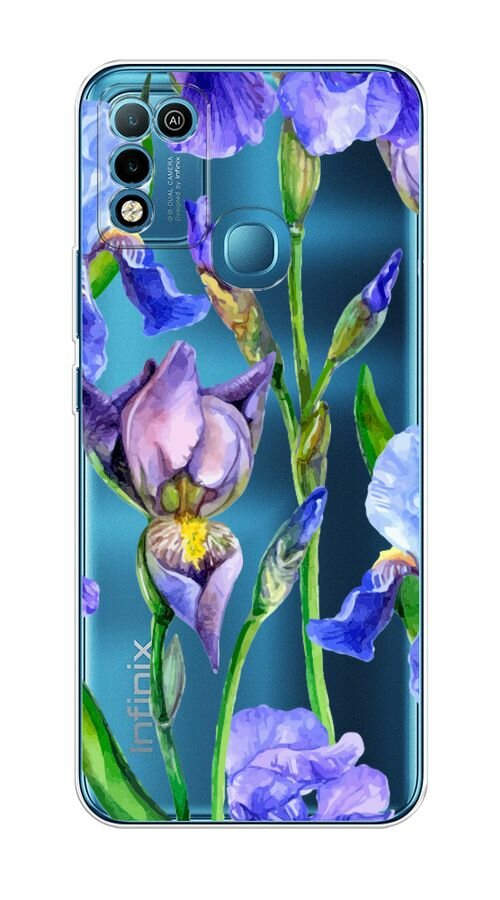 Чехол на Infinix HOT 10 Play / Инфиникс Хот 10 Плей с принтом "Синие ирисы", прозрачный