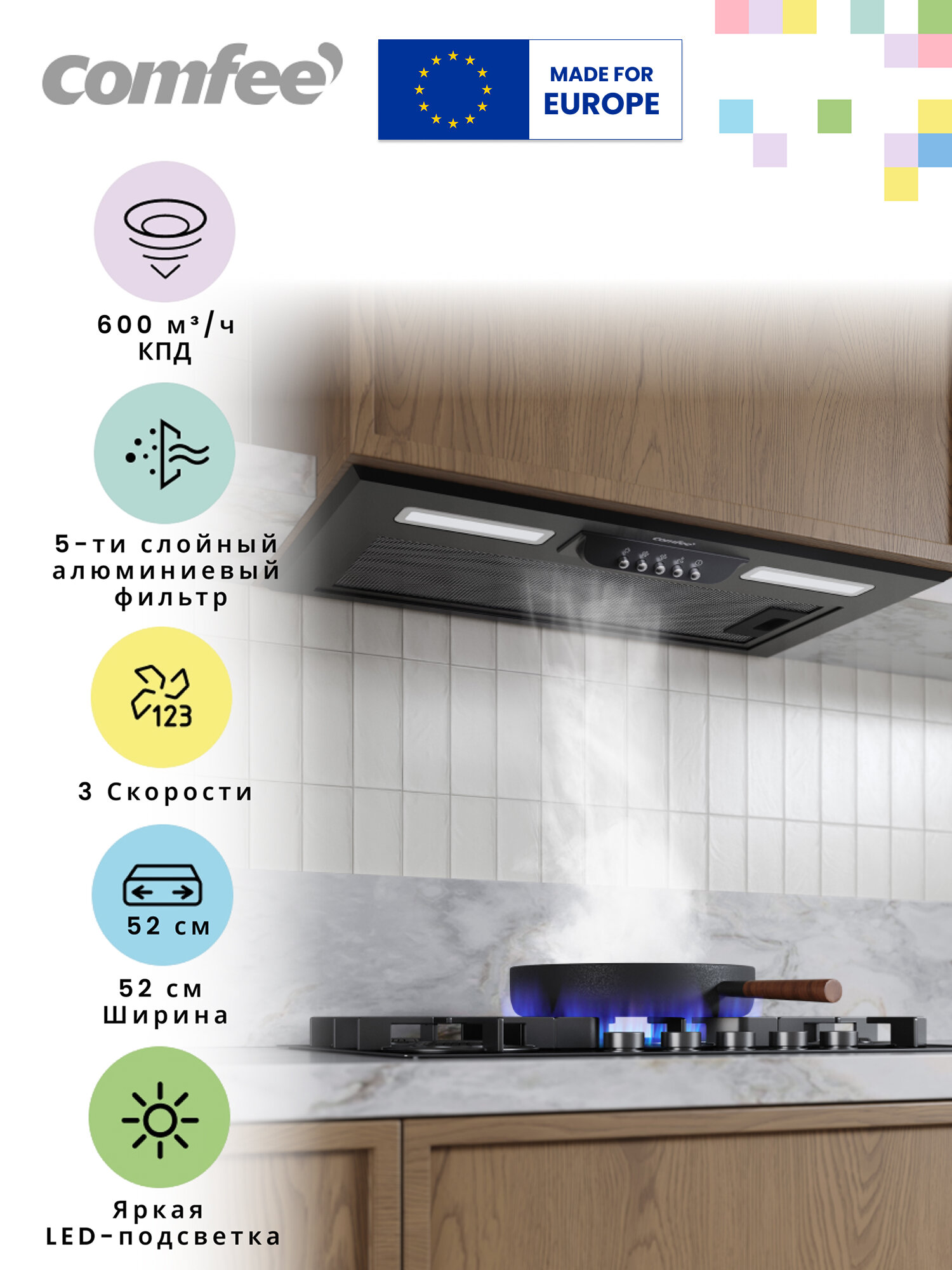 Вытяжка встраиваемая CHI601B, 52 см, 3 скорости, 600 м3/ч, 2 LED-лампы, отвод/рециркуляция, жировой алюминиевый фильтр