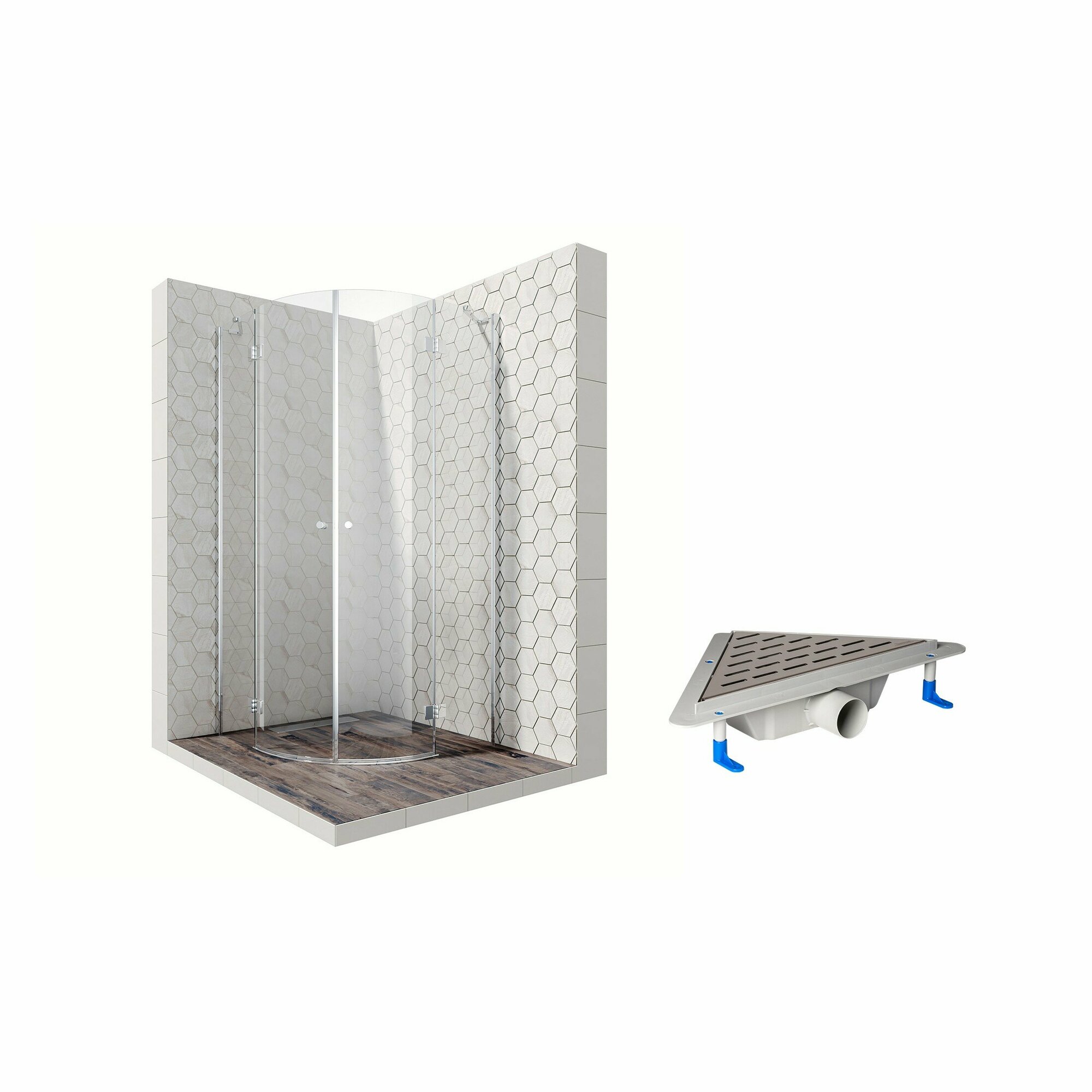 Душевой уголок 100х100 с трапом и распашными дверями Ambassador Diamond 12011102-ST10: душевое ограждение из стекла 6 мм, профиль хром