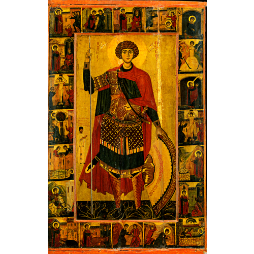 Икона святой Георгий Победоносец со сценами жития на дереве на левкасе 26 см икона святой екатерины 15x18