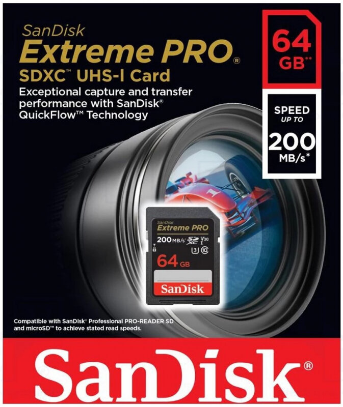 Карта памяти SANDISK 64Gb Extreme Pro SDXC UHS-I U3 V30 (200/90 MB/s)