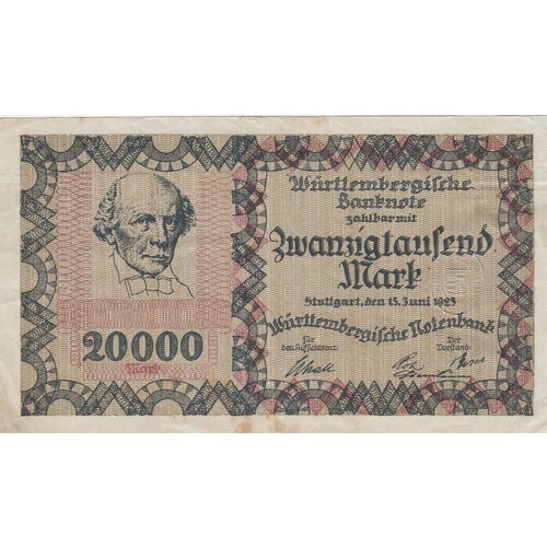Германия (Веймарская Республика) Штутгарт 20000 марок 1923 г. (3) 1923 банкнота германия 1923 год 20 000 марок вод знак звёзды 2 й выпуск vf