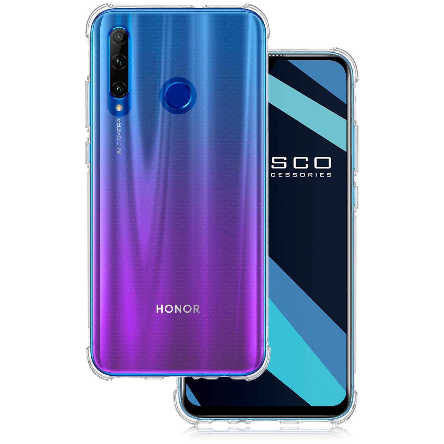фото Противоударный чехол для Honor 10i и Honor 20e (Хонор 10 ай и 20е) усиленные углы, бортик вокруг модуля камеры, силиконовый чехол, прозрачный ROSCO