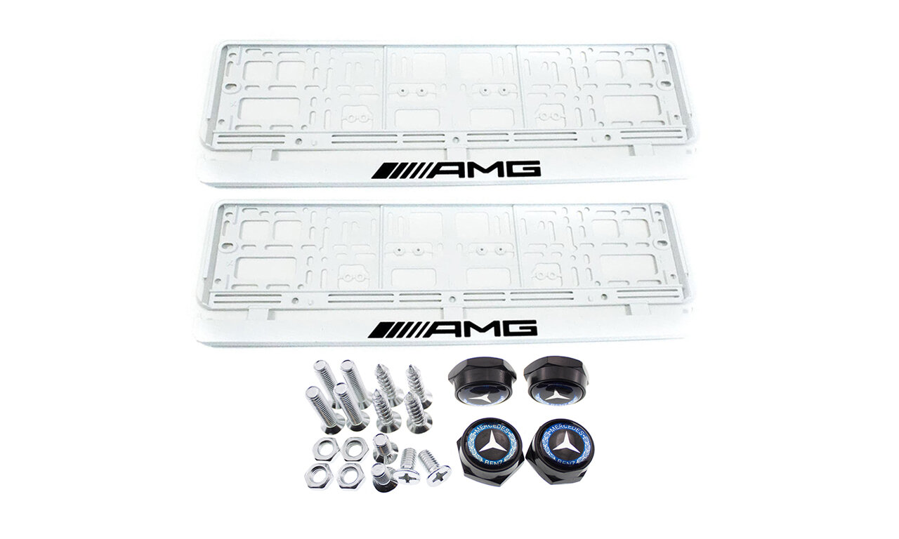 Комплект: пластиковая рамка для гос. номера AMG Белый 2шт. плюс болты для номерных знаков Mercedes синий 4шт.